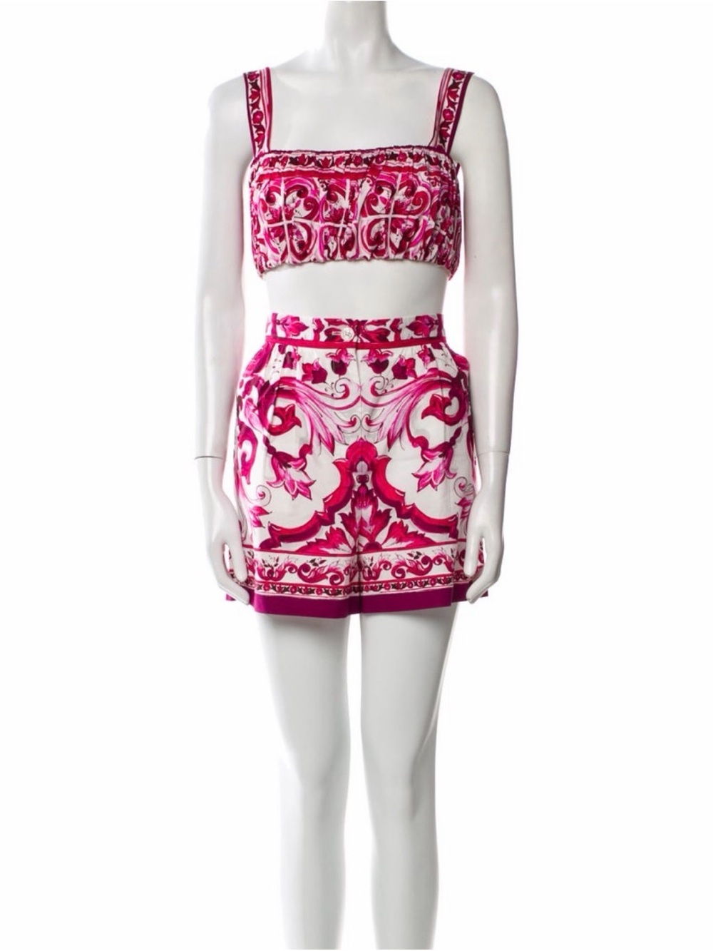 Dolce & Gabbana White and Hot Pink Printed Crop Top & Shorts Set